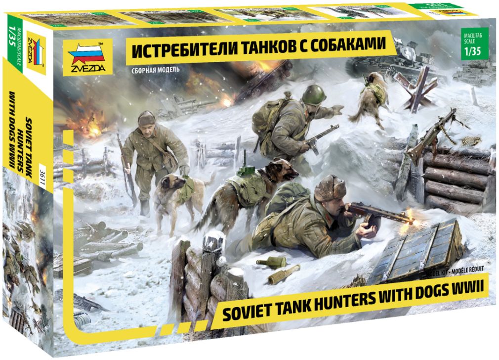 Available To Order – Soviet Tank Hunters with Dogs (3 Figures & 3 Dogs) 1:35 Zvezda Model (ZVE 3611)