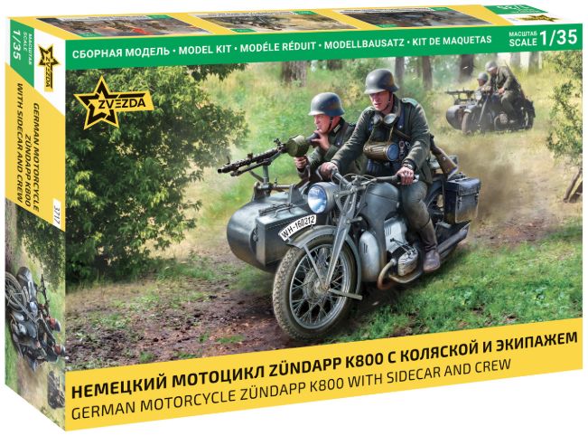Available To Order – German WWII Zuendapp K800 Motorcycle with Sidecar & Crew 1:35 Zvezda Model (ZVE 3717)
