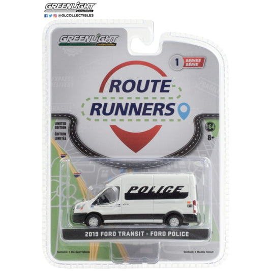1:64 GREENLIGHT 53010-D ROUTE RUNNERS SERIES 1 2019 FORD TRANSIT LWB HIGH ROOF POLICE PRISONER TRANSPORT VEHICLE